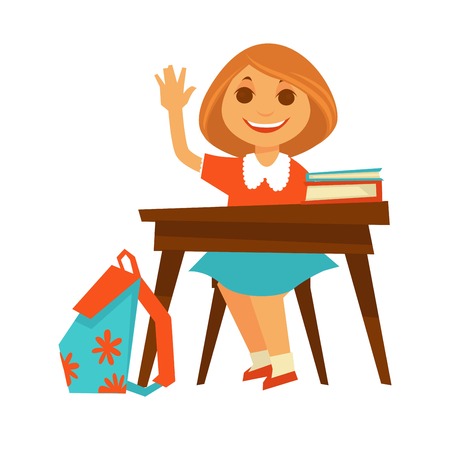 女の子は教科書を机に座っているし 彼女の手を発生させます のイラスト素材 ベクタ Image 女の子は教科書を机に座っているし 彼女の手を発生させます のイラスト素材 ベクタ Image