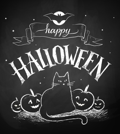 チョークは 黒板背景上に黒猫とカボチャ ハッピーハロウィンはがきの描画します のイラスト素材 ベクタ Image