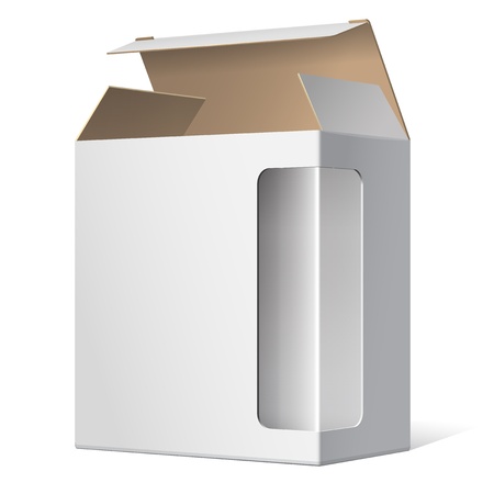 Light realistic open package cardboard box with a transparent plastic window illustration