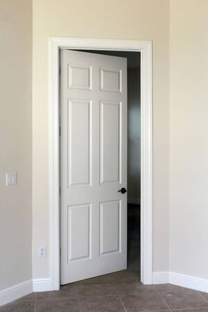 a white door is slightly open leading the viwers eye to the room that is mostly hidden.