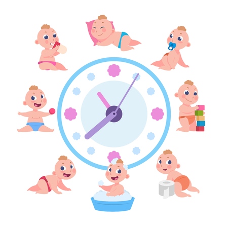 Cartoon baby routine. kid daily cycle, child playing sleeping eating schedule, baby daily routine active . vector clock with child life cycle