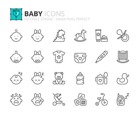 Outline icons about babies. contains such icons as baby boy, baby girl, toys, pacifier, diaper, clothes, cradle, feeding bottle and stroller. editable stroke vector 64x64 pixel perfect