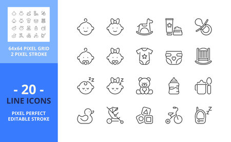 Line icons about babies. contains such icons as baby boy, baby girl, toys, pacifier, diaper, clothes, cradle, feeding bottle and stroller. editable stroke. vector - 64 pixel perfect grid