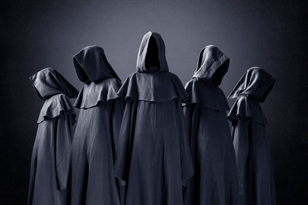 Group of five scary figures in hooded cloaks in the dark