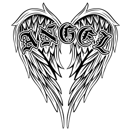 抽象的なベクトル イラスト白黒翼とゴシック様式の碑文天使 タトゥー