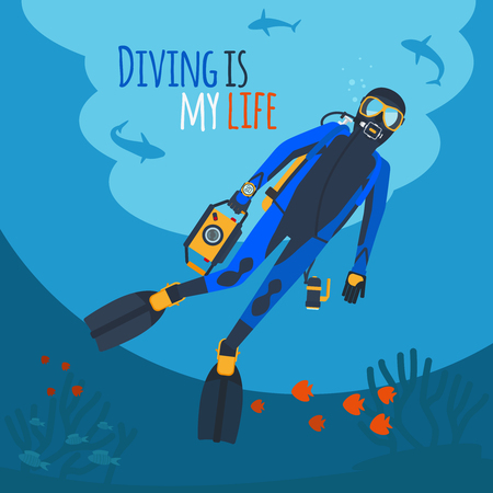 diving illustration diver underwater diver surrounded by fish