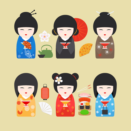 Japan dolls icons. kokeshi dolls with fans and lanterns. vector illustration Stock Photo