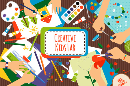 Creative kids lab, top view table with creative kids hands. Cutting paper, painting and sketching. Vector illustration Иллюстрация