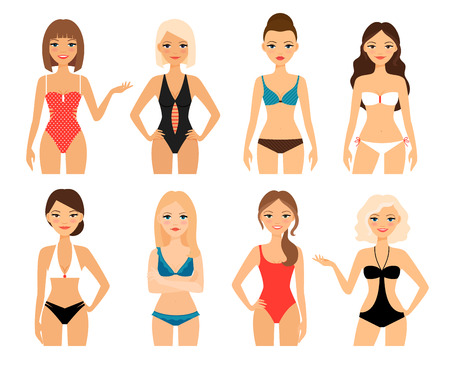 女性水着のイラスト 水着の種類 ビキニ タンキニ モノキニとムスリムのイラスト素材 ベクタ Image