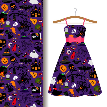 Women Dress Fabric Pattern Design On A Hanger With Colorful Halloween Symbols Vector Illustration Women Dress Fabric Pattern Design On A Hanger With Colorful Halloween Symbols Vector Illustration