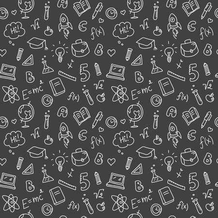 ベクトル面白い手描き下ろし学校アクセサリーのシームレスなパターン かわいい学校の黒と白の背景に戻る のイラスト素材 ベクタ Image