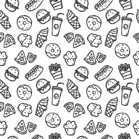 ファーストフード オブジェクトとのシームレスなパターン ジャンク フードやお菓子でトレンディなシームレスな背景は落書きスタイルです のイラスト素材 ベクタ Image
