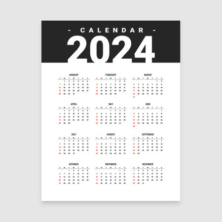 White and black 2024 monthly planner calendar template for time management vector