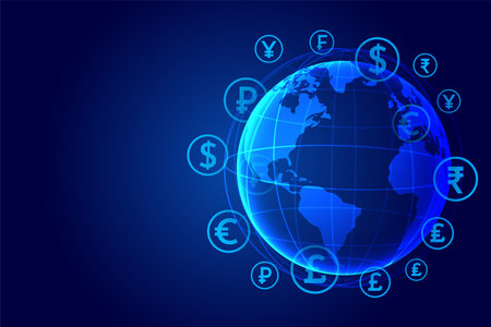 Global virtual money transfer techno concept background in set vector