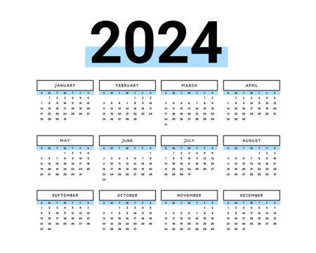 Simple 2024 english new year calendar template for event planner vector Векторная Иллюстрация