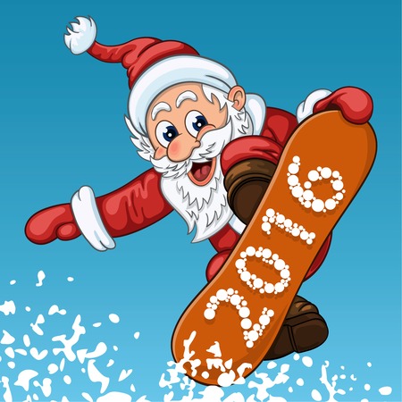 Santa claus makes breathtaking jump on the snowboard. funny cartoon character
