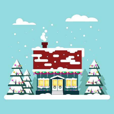 冬と居心地の良い家は 青色の背景に収まります お正月 クリスマスの