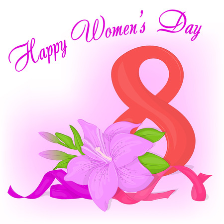 greeting cards International Women s Day: Happy International Womens Day greeting card with ribbons and lily. Holiday background, poster or placard template in cartoon style. Vector illustration. Holiday Collection.