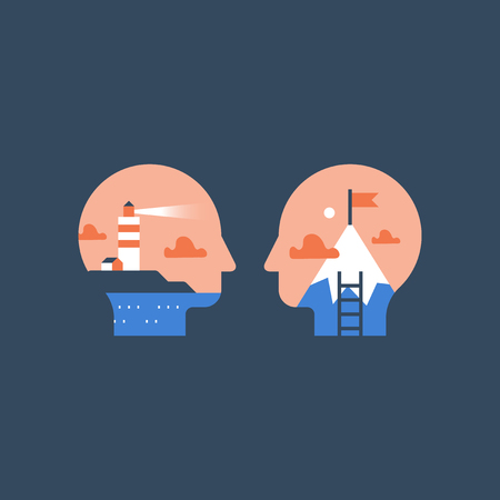 Aspiration concept, work motivation, self growth mindset, career opportunity, potential development, next level challenge, mountain peak flag, task management, way to success, progress in learning