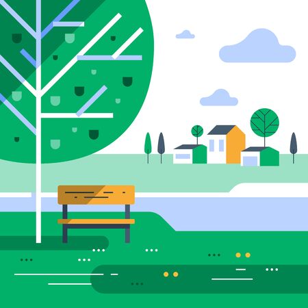 Summer time in green park, small bench and tree at river bank, calm weather, beautiful view, group of residential houses in background, nice neighborhood, vector flat design illustration