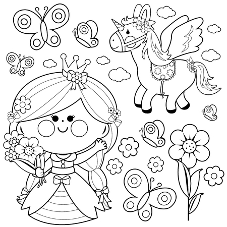 Princess fairy tale set black and white coloring page illustration