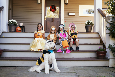 トリックや治療のためのハロウィーンの衣装で子供と犬 の写真素材 画像素材 Image トリックや治療のためのハロウィーンの衣装で子供と犬 の写真素材 画像素材 Image