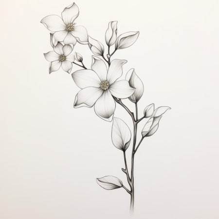 Sin 鉛筆画 骸と花 桜と2色鉛筆をフィーチャーしたミニマルな白黒の鉛筆画は、装飾