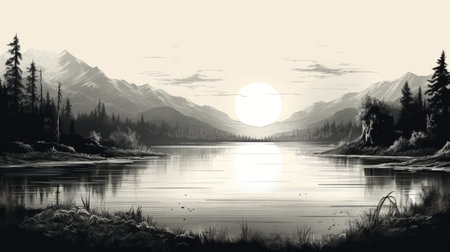 山々を背景にした白黒の風景画であるこのリアルで詳細な
