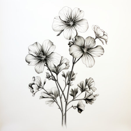 Sin 鉛筆画 骸と花 桜と2色鉛筆をフィーチャーしたミニマルな白黒の鉛筆画は、装飾