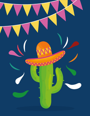 Cinco de mayo celebration with cactus and hat mexican vector illustration design