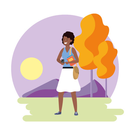 Millennial student afro woman wearing skirt using smartphone texting outdoors colorful nature background with trees frame vector illustration graphic design