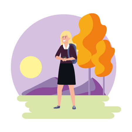 Millennial student blonde woman wearing skirt using smartphone texting outdoors colorful nature background with trees frame vector illustration graphic design
