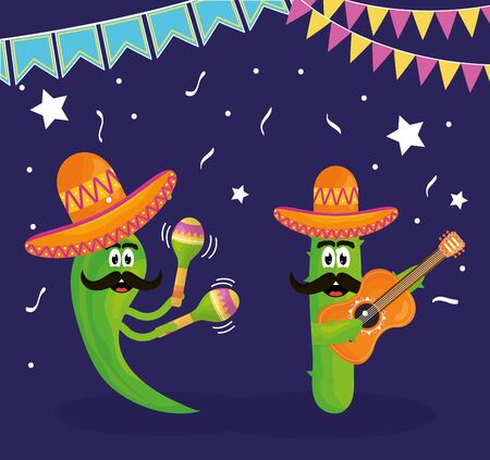 Cinco de mayo chilli and cactus characters playing instruments Stock Photo