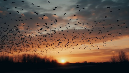 夕焼け空に飛んでいる鳥のシルエット。の写真素材・画像素材 Image