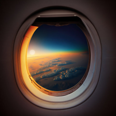 夜の街の飛行機の窓の舷窓からの眺め。の写真素材・画像素材 Image