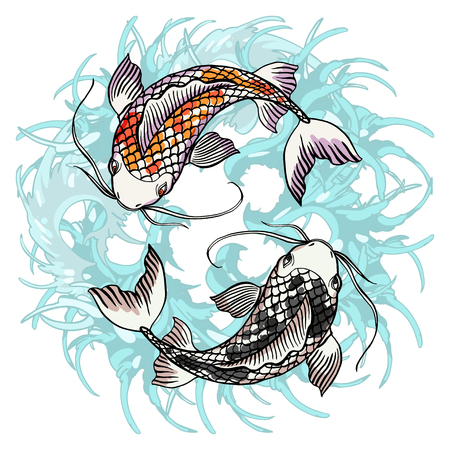 水波の背景に泳ぐ2つの鯉のイラストをリアルに描いた手描き 陰陽のコンセプトを象徴するカラフルなグラフィックタトゥースタイルの画像 Tシャツプリント のイラスト素材 ベクタ Image