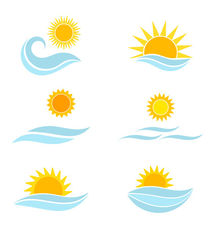 Sunset landscape vector: Sun và các biểu tượng nước biển. Summer minh hoạ vector