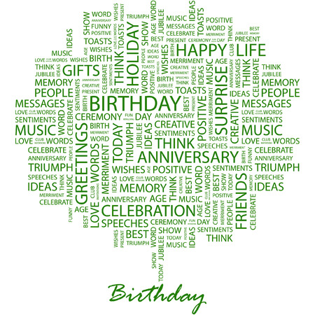 BIRTHDAY. Illustration with different association terms in white background.