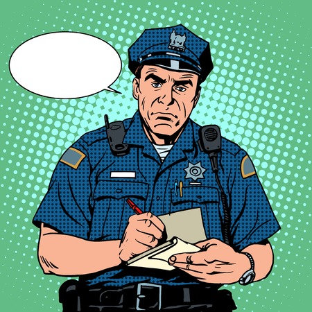 angry policeman questions pop art retro style - 45686035