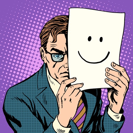 ポップアートのレトロなベクトル図の手で幸せそうな顔のマスクです 人間の感情 のイラスト素材 ベクタ Image ポップアートのレトロなベクトル図の手で幸せそうな顔のマスクです 人間の感情 のイラスト素材 ベクタ Image