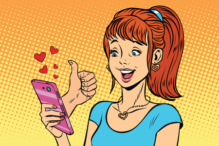 Joven leyendo smartphone en línea como, amor y apoyo Foto de archivo - 77064648