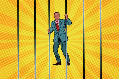African businessman in jail behind bars. pop art retro vector illustration