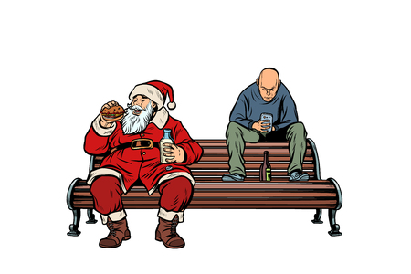 Santa Claus eats fast food Burger, hooligan drinks drunk. Pop art retro vector illustration kitsch vintage