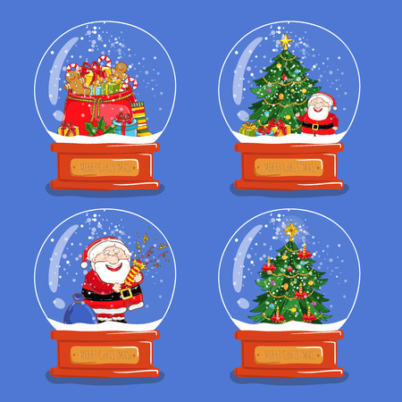 クリスマスのスノードーム 様々 な形のクリスマス ツリーは ベクトルを抽象化します クリスマス属性と文字でお土産のガラス メリー クリスマスと幸せな新年の概念セット青に分離 のイラスト素材 ベクタ Image
