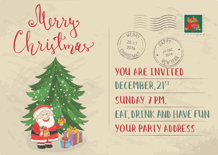 vector vintage christmas postcard with postal stamps cheerful santa wrapped gifts christmas tree cartoon vectors holiday party invitation - Vintage Christmas Gifts vector vintage christmas postcard with postal stamps cheerful santa wrapped gifts christmas tree cartoon vectors holiday party invitation - Vintage Christmas Gifts