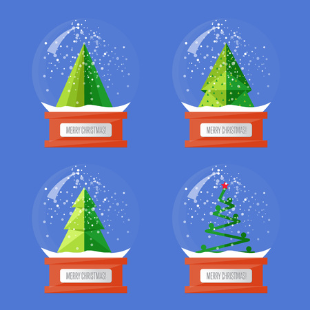 クリスマスのスノードーム 様々 な形のクリスマス ツリーは ベクトルを抽象化します クリスマス属性と文字でお土産のガラス メリー クリスマスと幸せな新年の概念セット青に分離 のイラスト素材 ベクタ Image