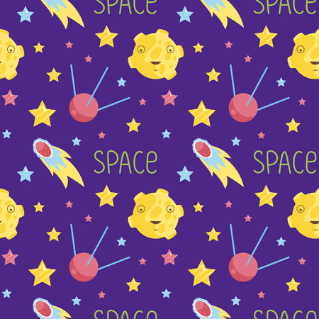 宇宙漫画のシームレスなパターン 月面クレーター 明るい星 彗星と笑みを浮かべて 通信衛星はベクトル紫色の背景のイラストです ラッパー グリーティング カード 招待状のイラスト素材 ベクタ Image