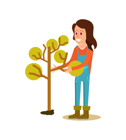 Female farmer planting tree vector icon