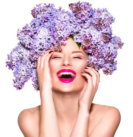 Beauty fashion model girl with lilac flowers hairstyle - 50758758