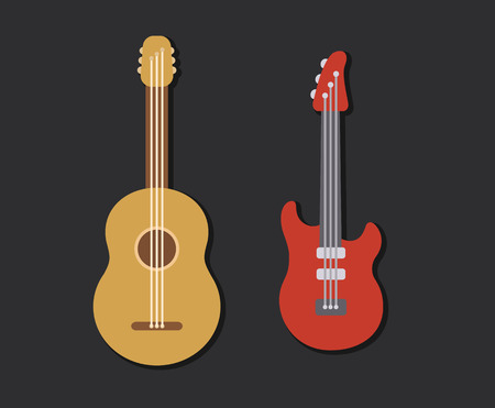 2 つの様式化されたギター フラット 古典的な音響と近代的な電気 楽器の簡単な漫画のベクトル イラスト のイラスト素材 ベクタ Image 2 つの様式化されたギター フラット 古典的な音響と近代的な電気 楽器の簡単な漫画のベクトル イラスト のイラスト素材 ベクタ Image